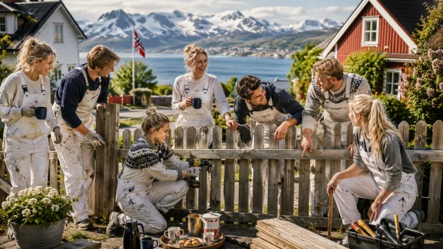 Seven neighbours repairing a wooden fence together
