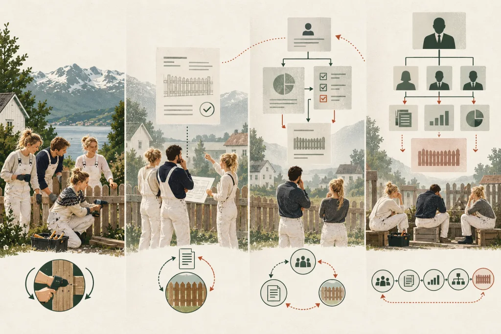 A four-stage chart in which neighbours move from repairing a fence directly to waiting beneath an increasingly distant hierarchy of reports, metrics, and orders
